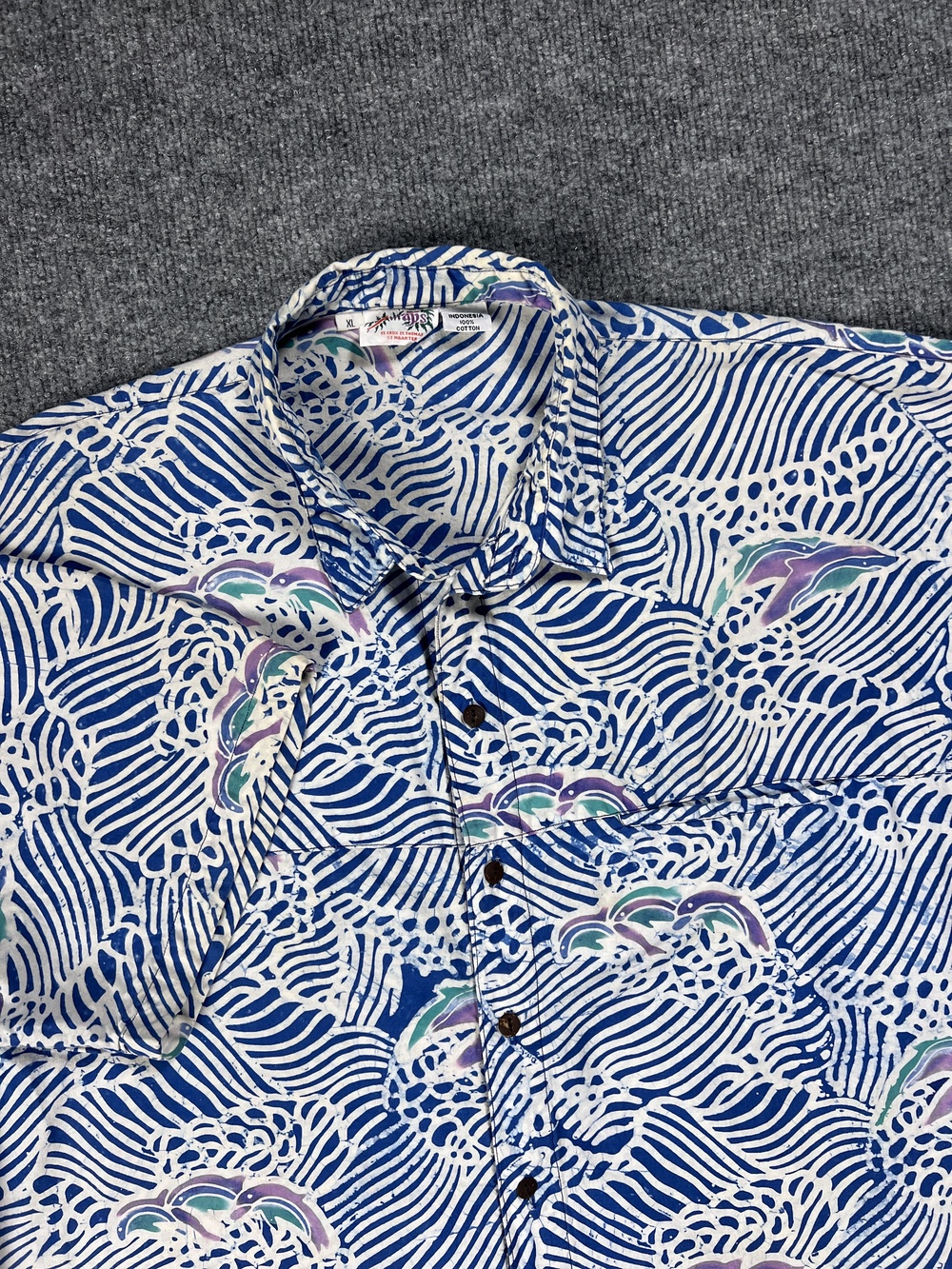 Aloha Shirt Vintage Blue Wave Dolphin Graphic Cotton Java Wraps Mens Extra Large